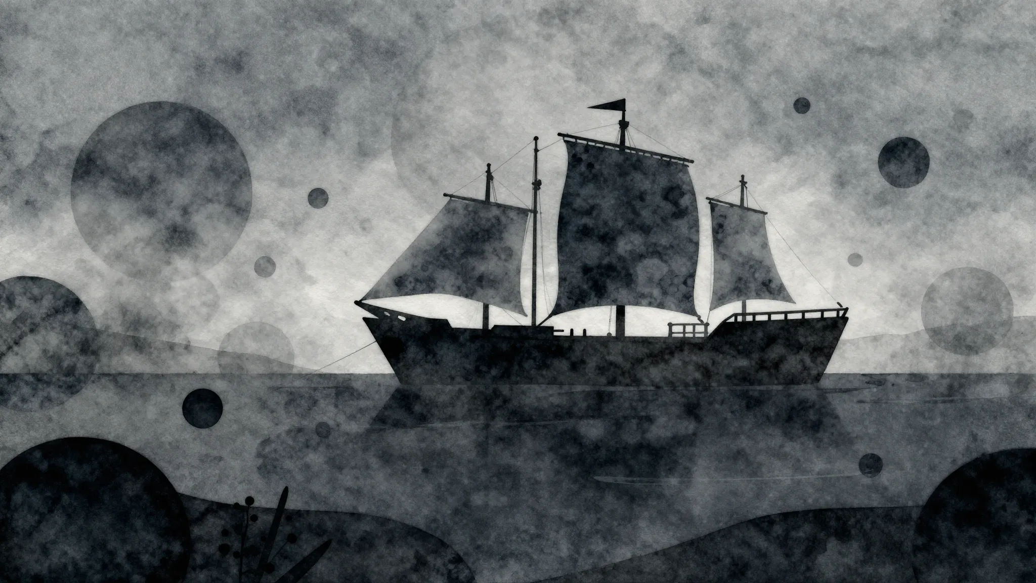 Watercolor style. A surreal silhouette of a ship sailing thr...