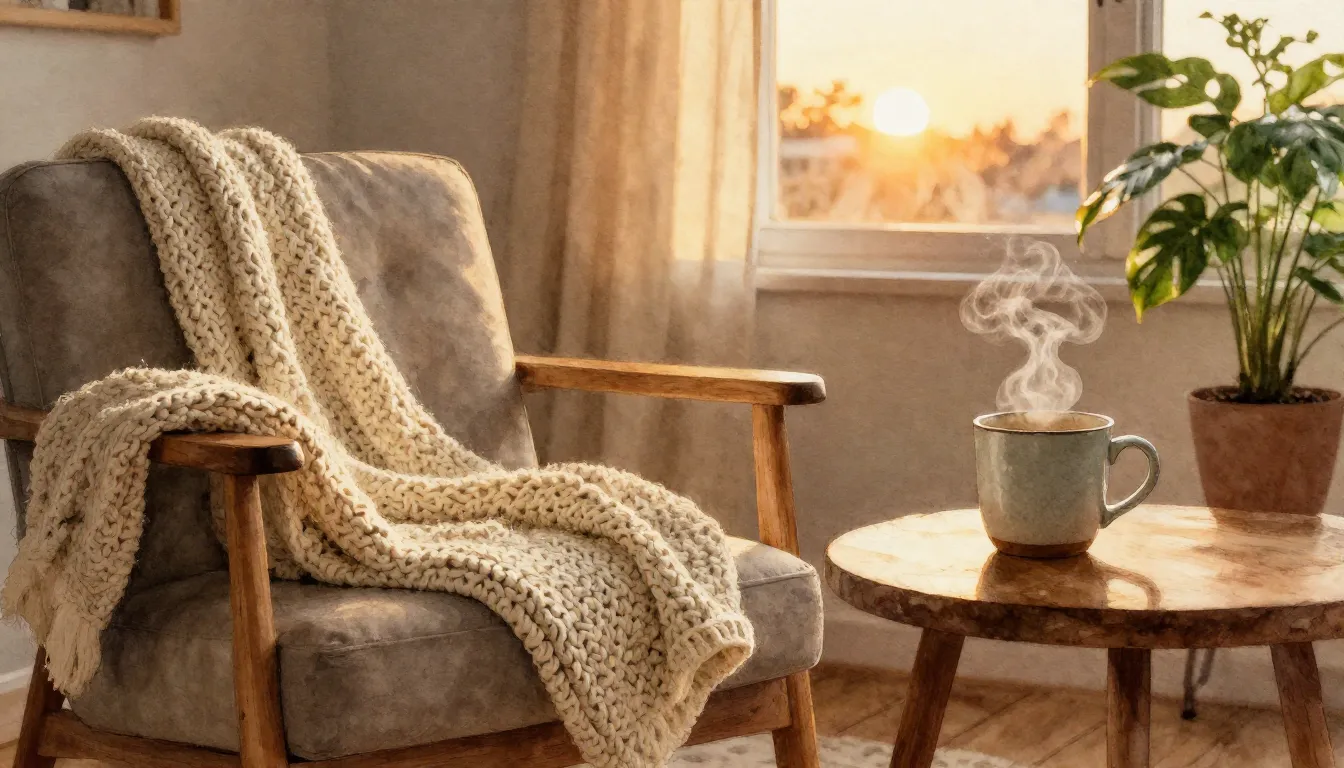 Watercolor style. Cozy living room interior at sunset, warm ...