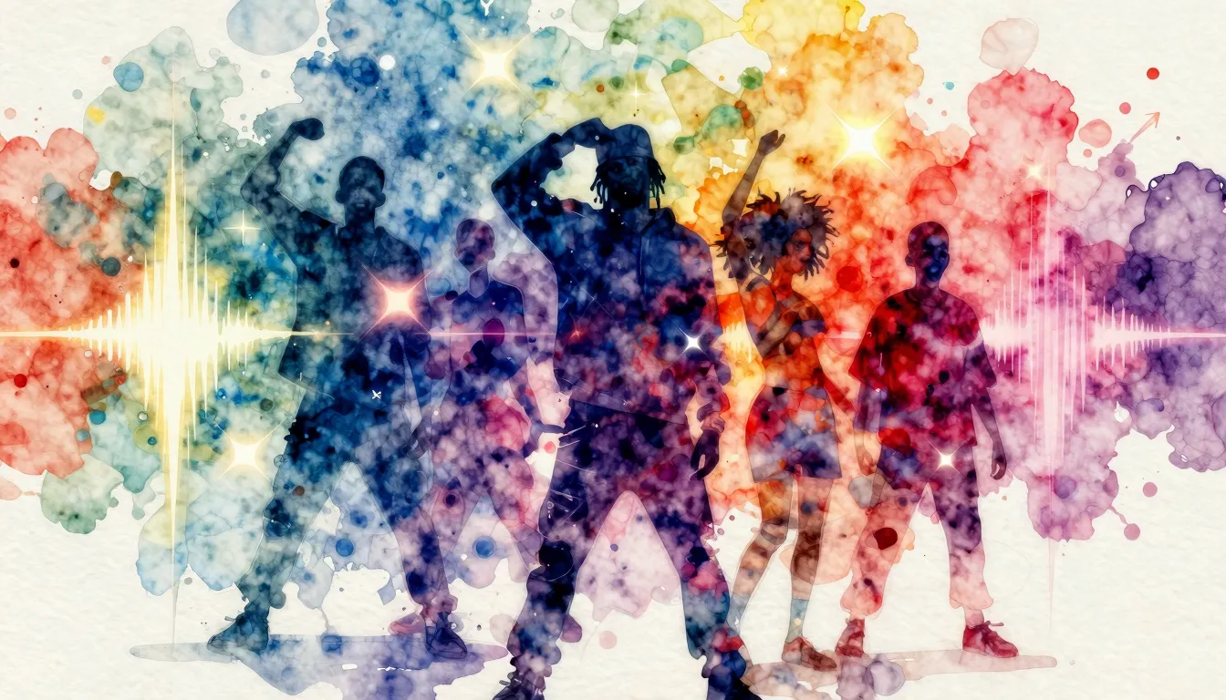 Vibrant watercolor style. Hip-hop album cover, vibrant, ener...