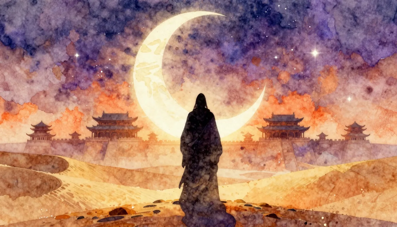 Watercolor style. A silhouette of a mysterious figure standi...