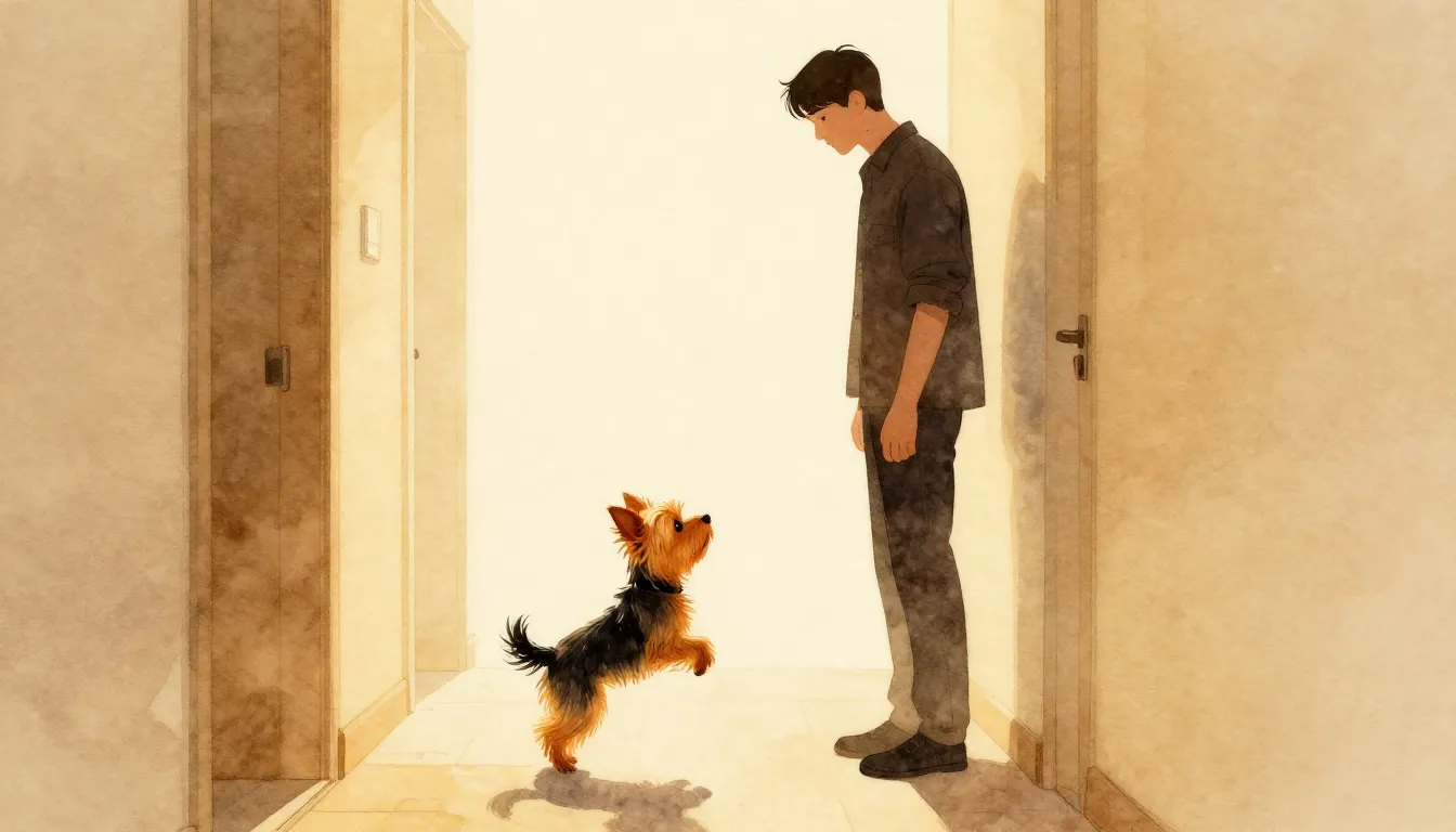 Watercolor style. A small silhouette of a Yorkshire Terrier ...