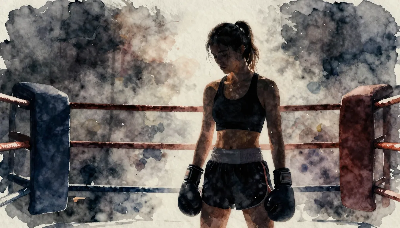 Watercolor style. Silhouette of a girl in boxing gloves stan...
