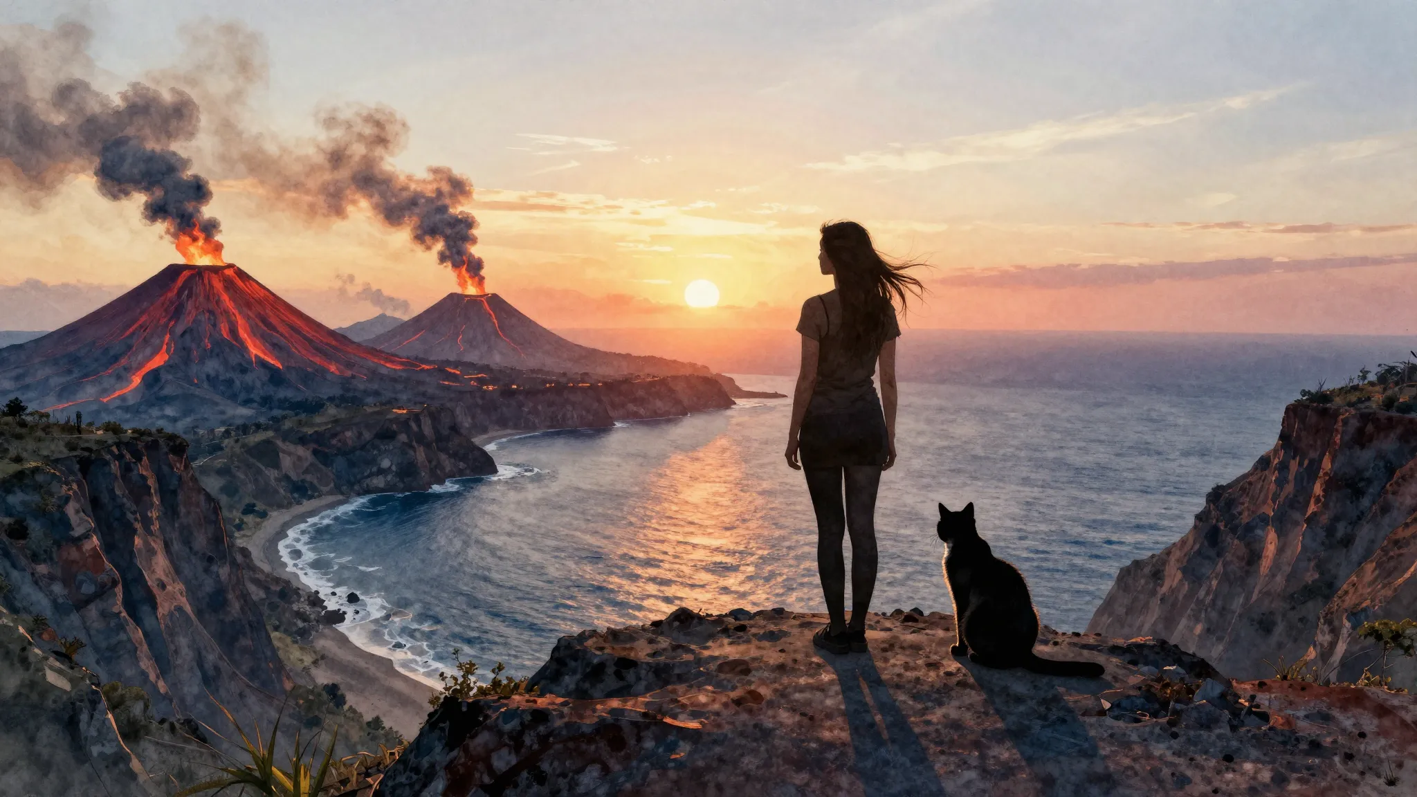 Watercolor style. Silhouette of a woman and a cat on a cliff...