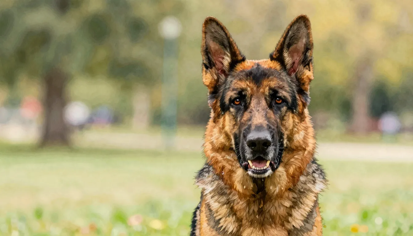 Watercolor style. A close-up portrait of a noble German Shep...