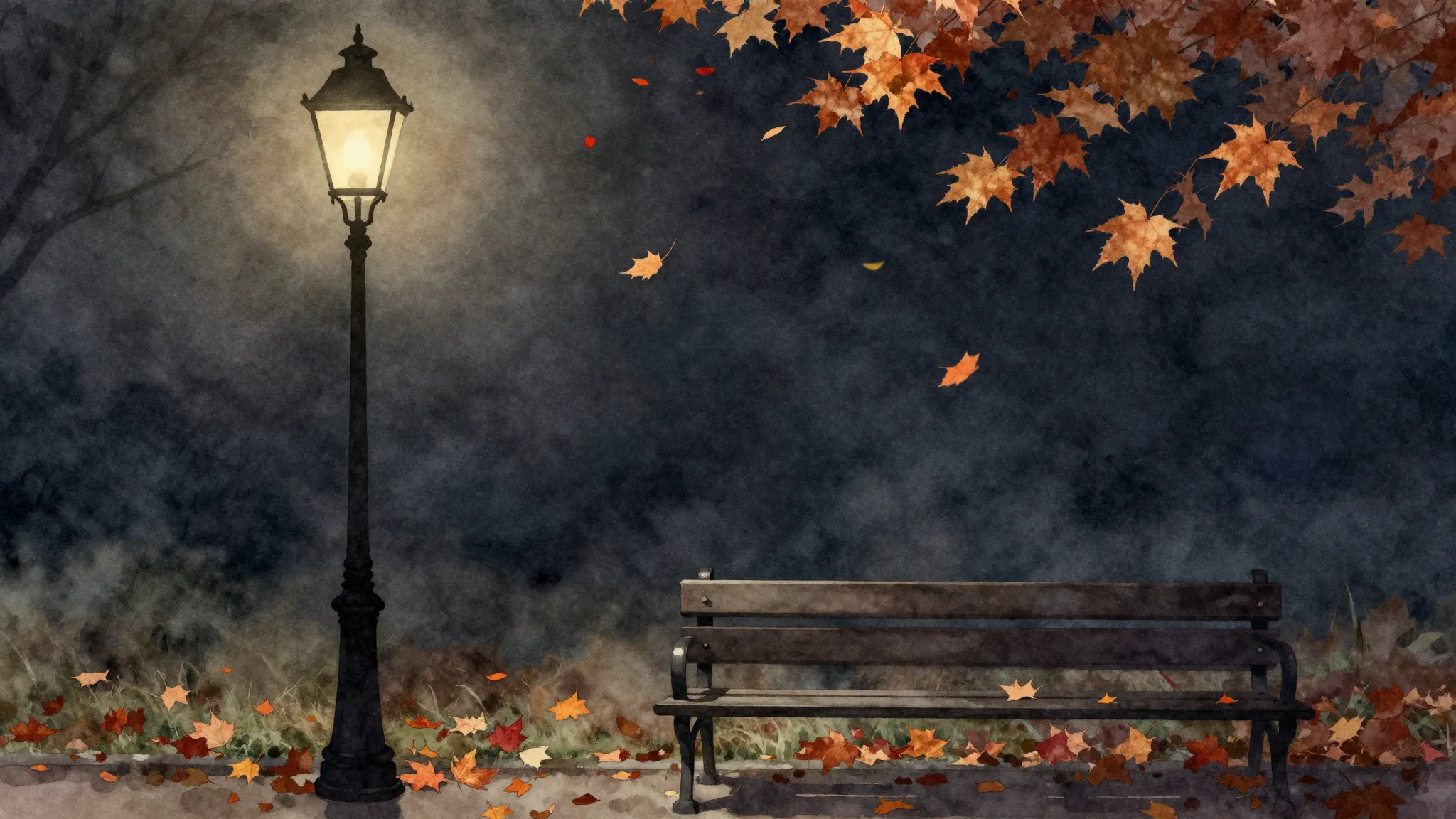 Watercolor style. Silhouette of an old street lamp, falling ...