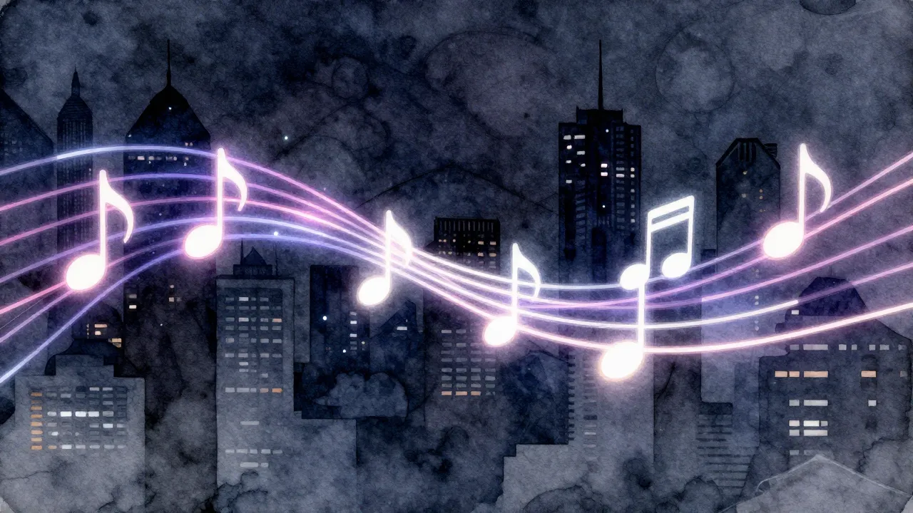 Watercolor style. Abstract glowing musical notes flying over...