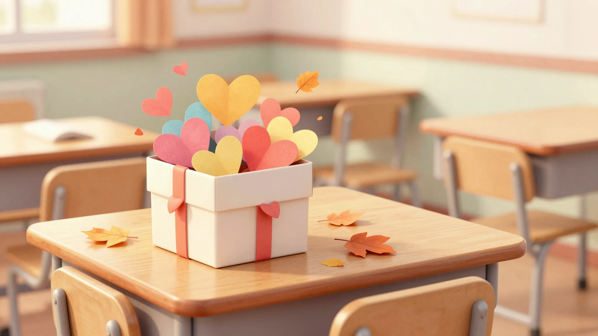 Watercolor style. A cozy classroom desk with a beautiful gif...