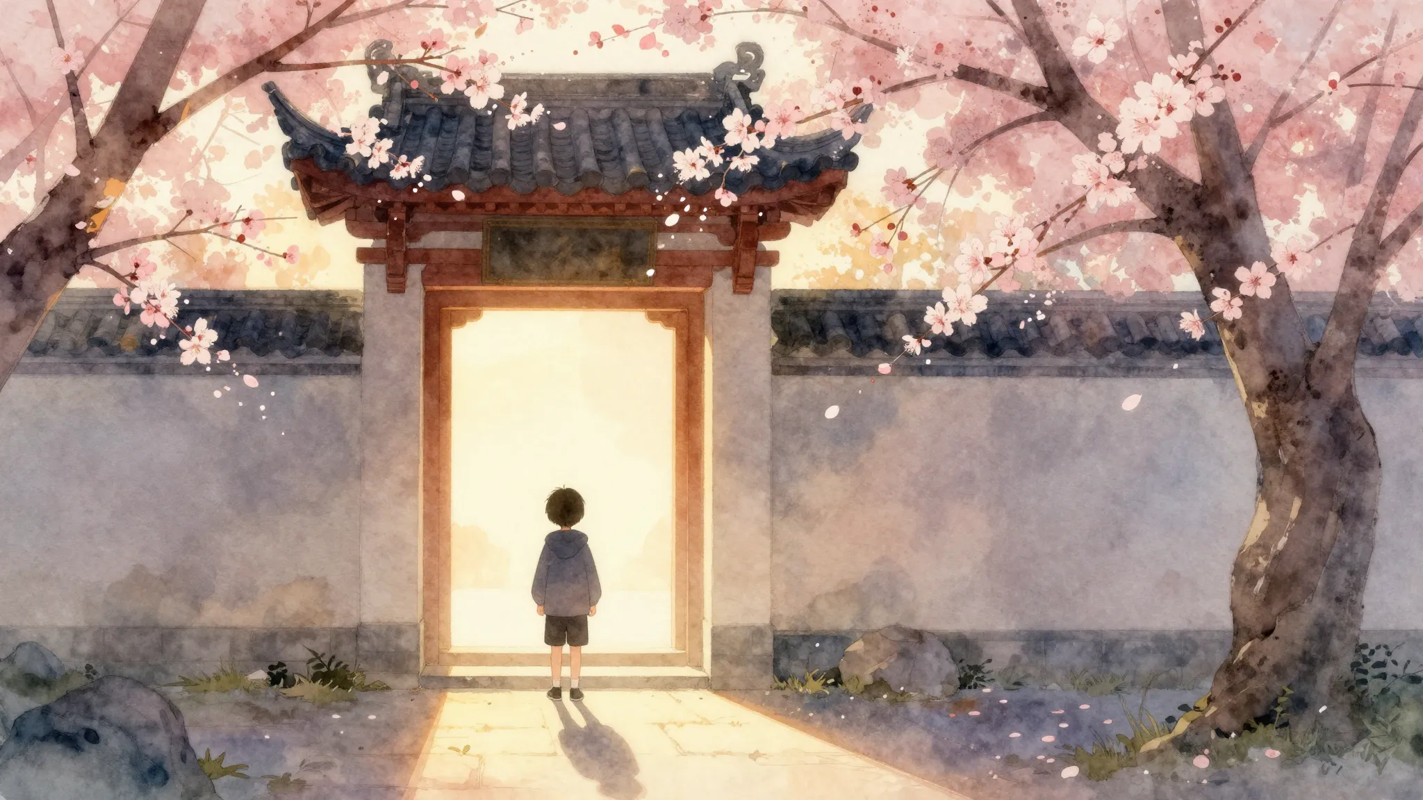 Watercolor style. Silhouette of a small child standing befor...