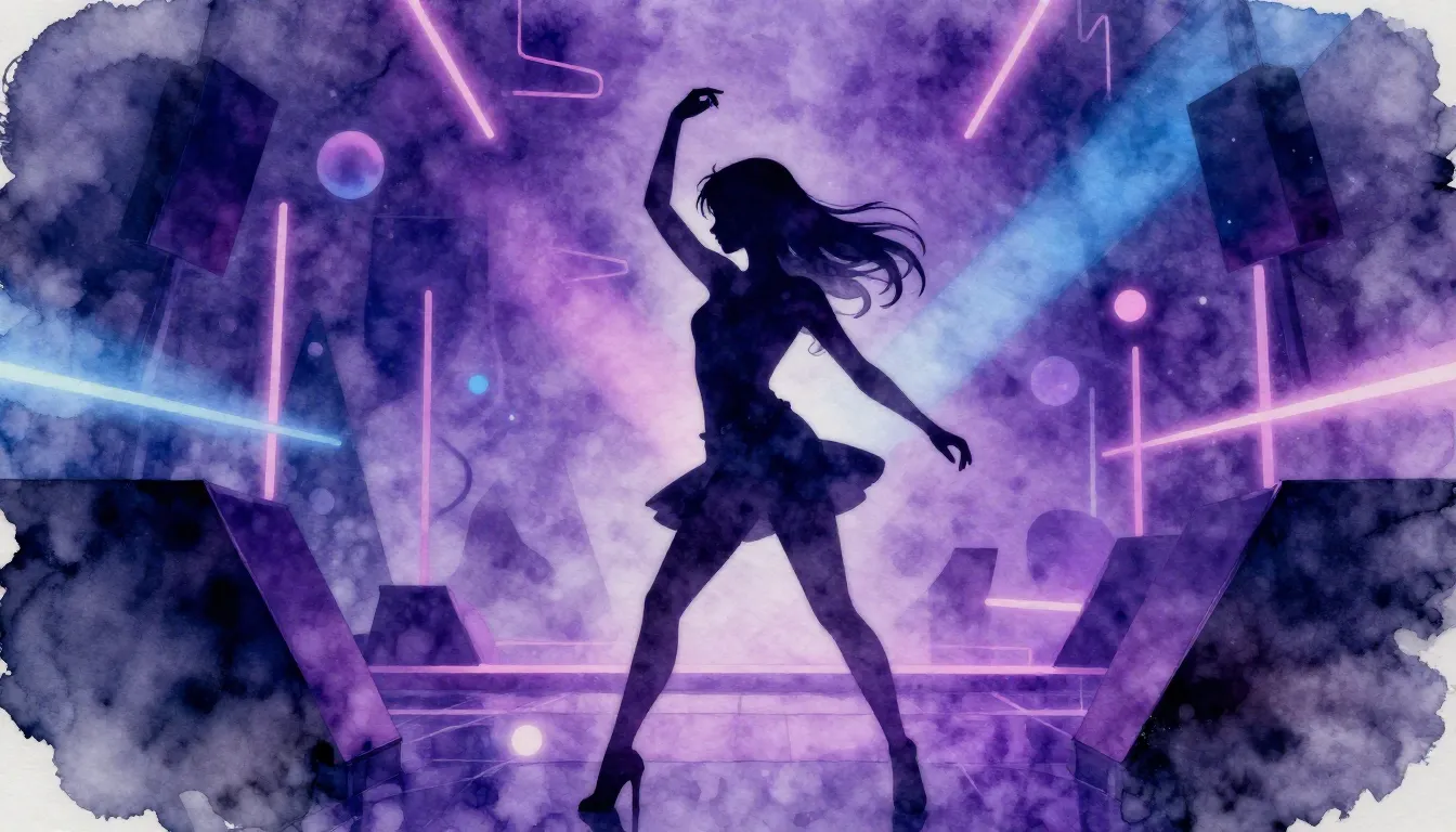 Watercolor style. Silhouette of a girl dancing in a neon-lit...