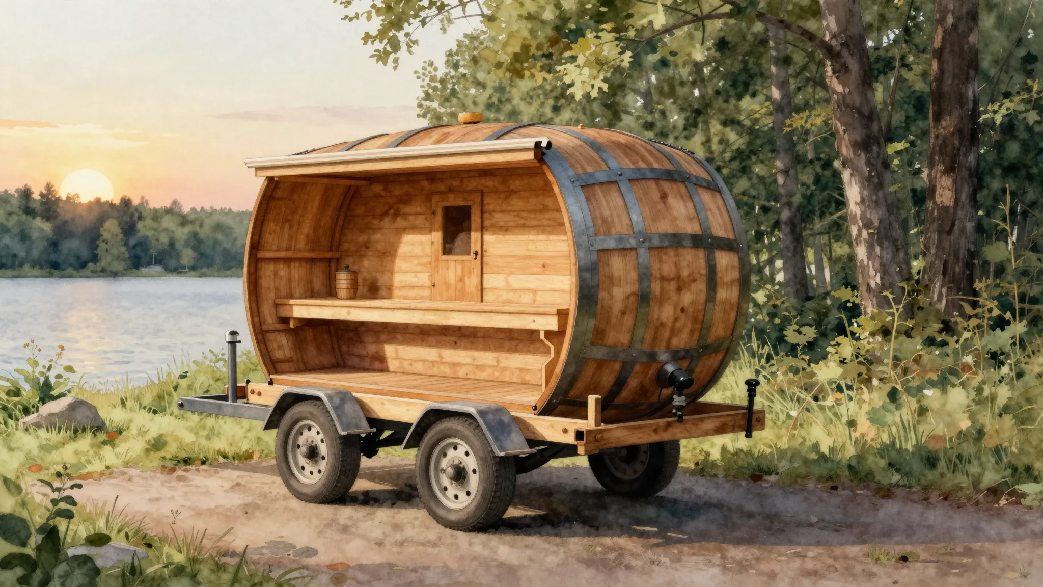 Watercolor style. Cozy wooden barrel sauna mounted on a stur...