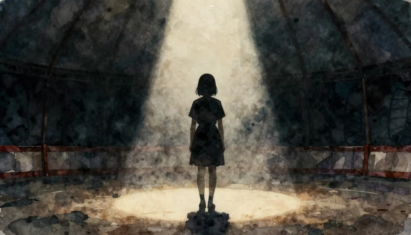 Watercolor style. Dark silhouette of a girl standing alone o...
