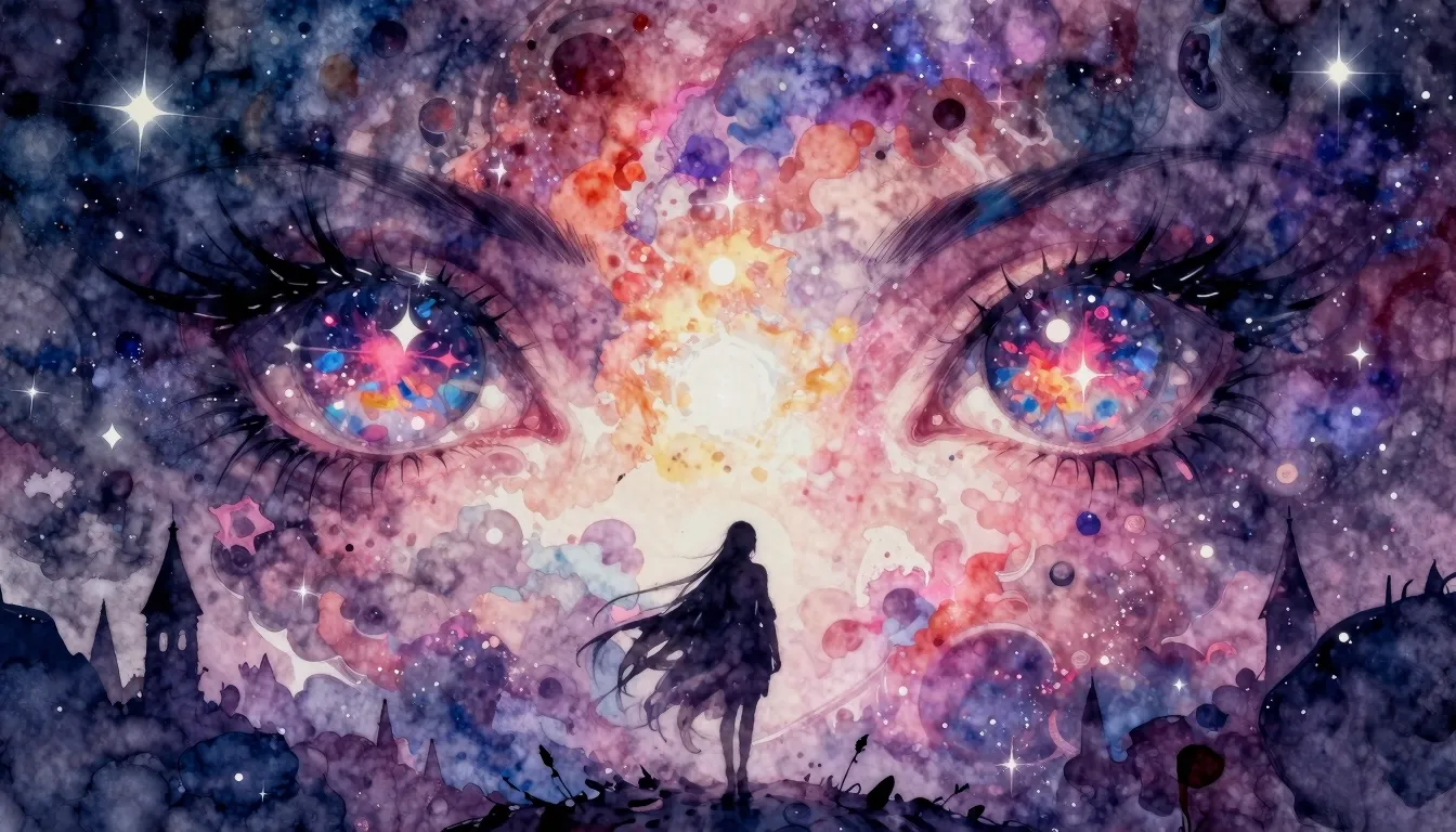 Vibrant watercolor style. Metalcore album cover, cosmic eyes...