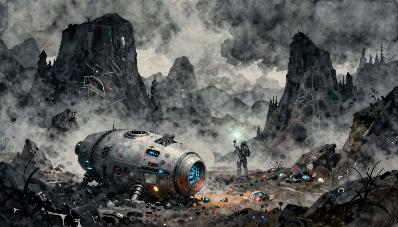 Watercolor style. A dark, foggy alien landscape with jagged ...