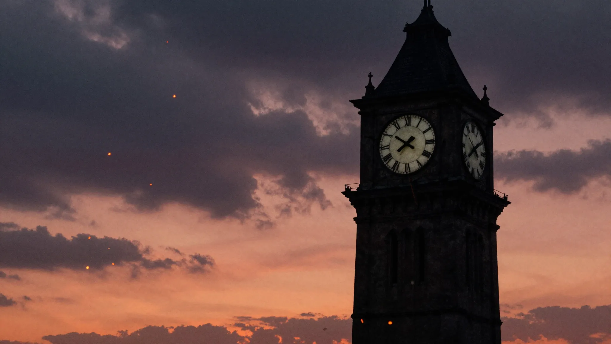 Watercolor style. A dark silhouette of a broken clock tower ...
