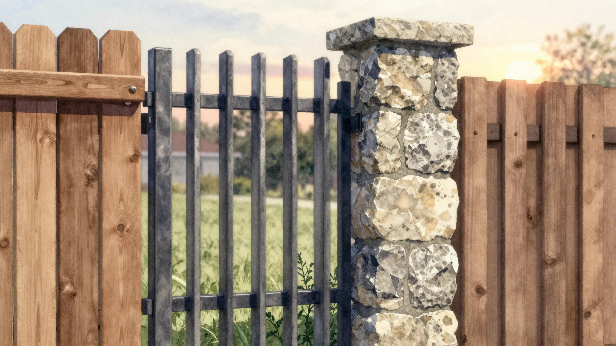 Watercolor style. A close-up shot of different fence materia...