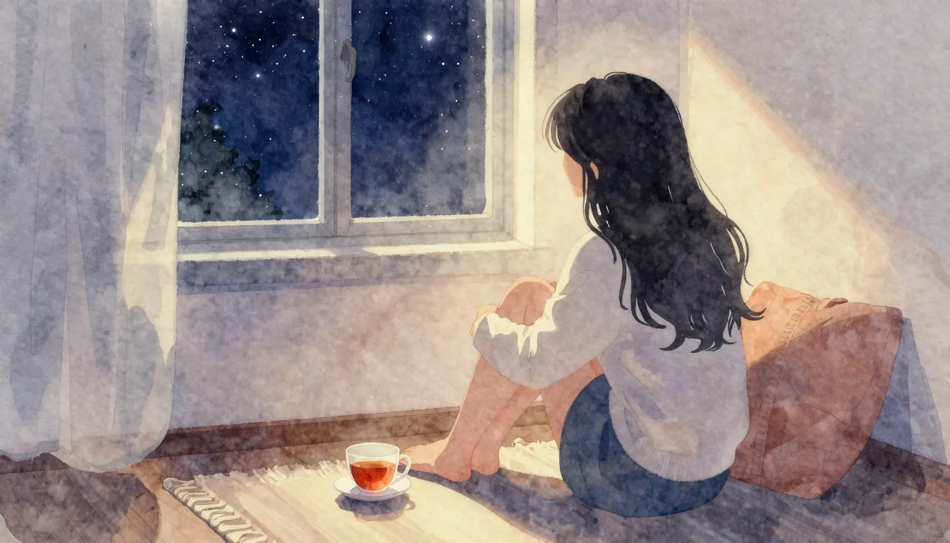 Watercolor style. A cozy room with soft warm lighting, a sil...