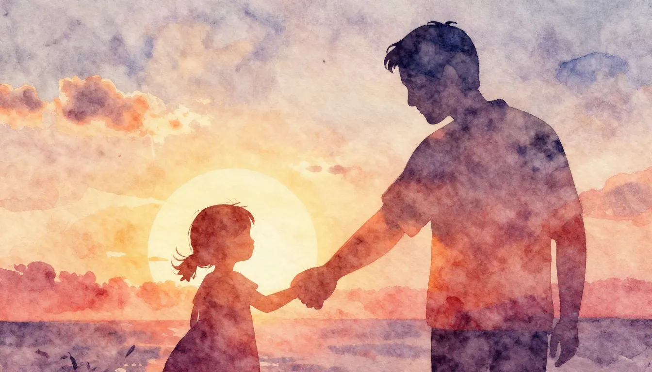 Vibrant watercolor style. A heartwarming, tender, and nostal...