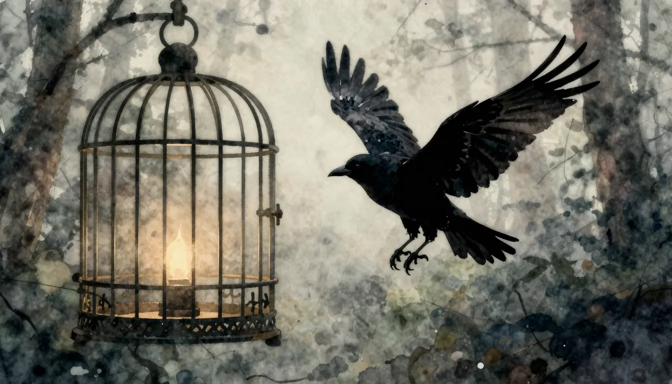Watercolor style. A dark silhouette of a bird flying away fr...