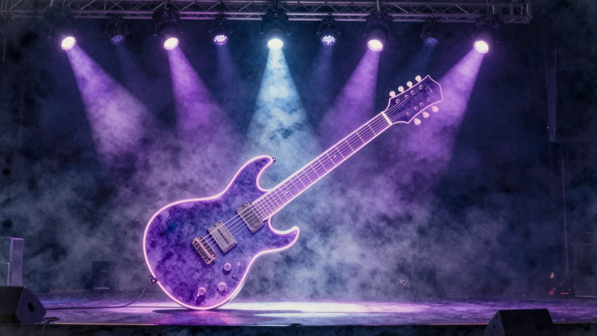 Watercolor style. Neon electric guitar silhouette on a dark ...