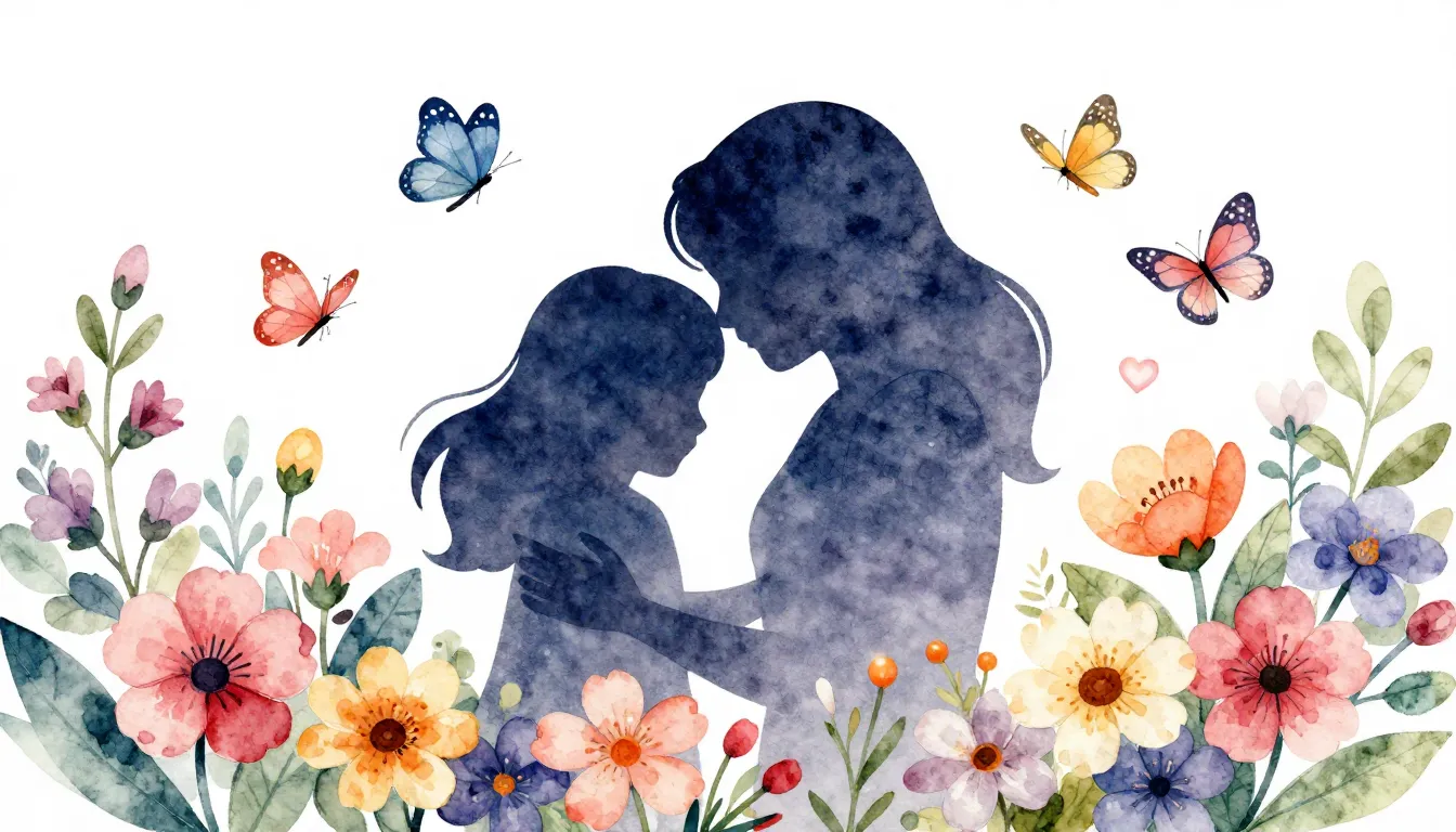Watercolor style. A silhouette of a caring female figure sur...