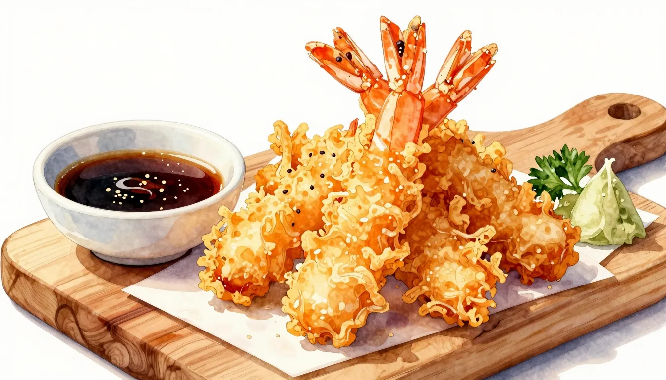 Watercolor style. Close-up of crispy deep-fried tempura praw...