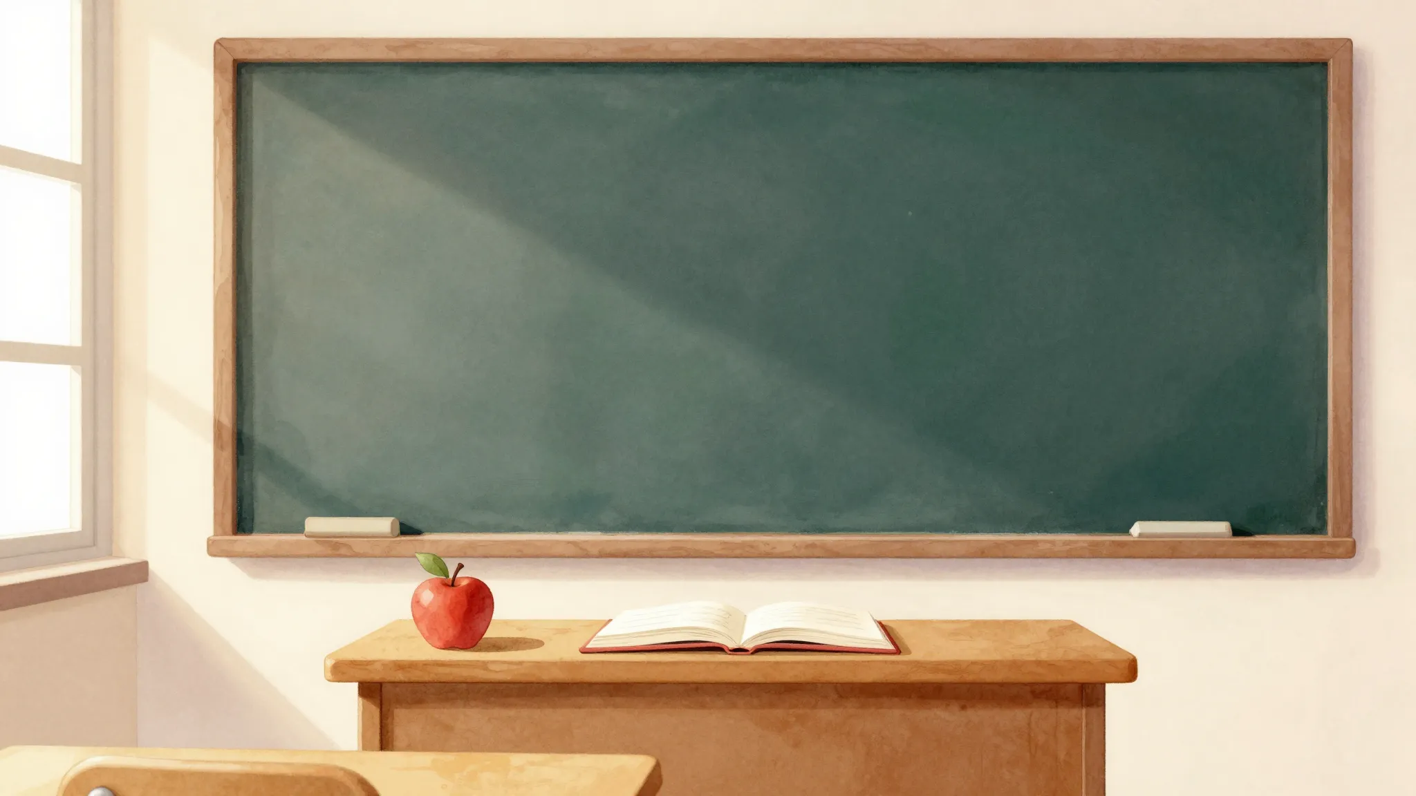 Watercolor style. A warm and cozy classroom setting with a b...