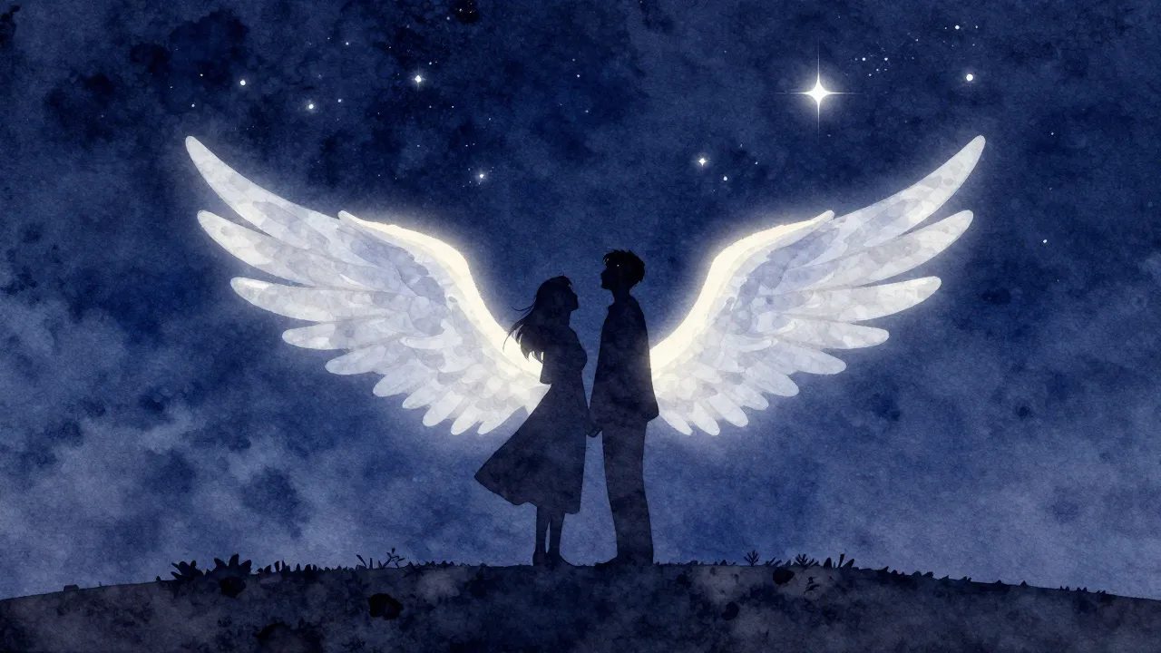 Watercolor style. A silhouette of two lovers standing on a h...
