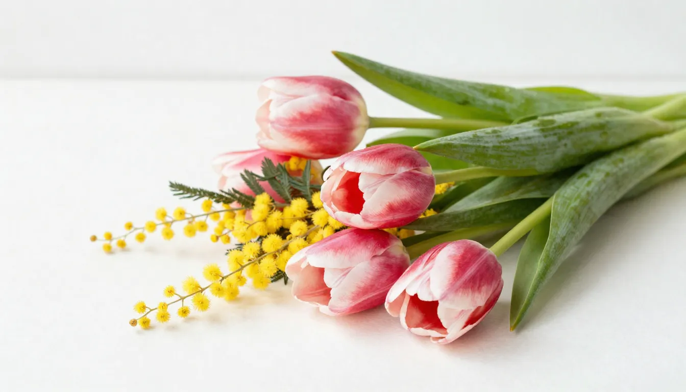 Watercolor style. Elegant spring bouquet of tulips and mimos...