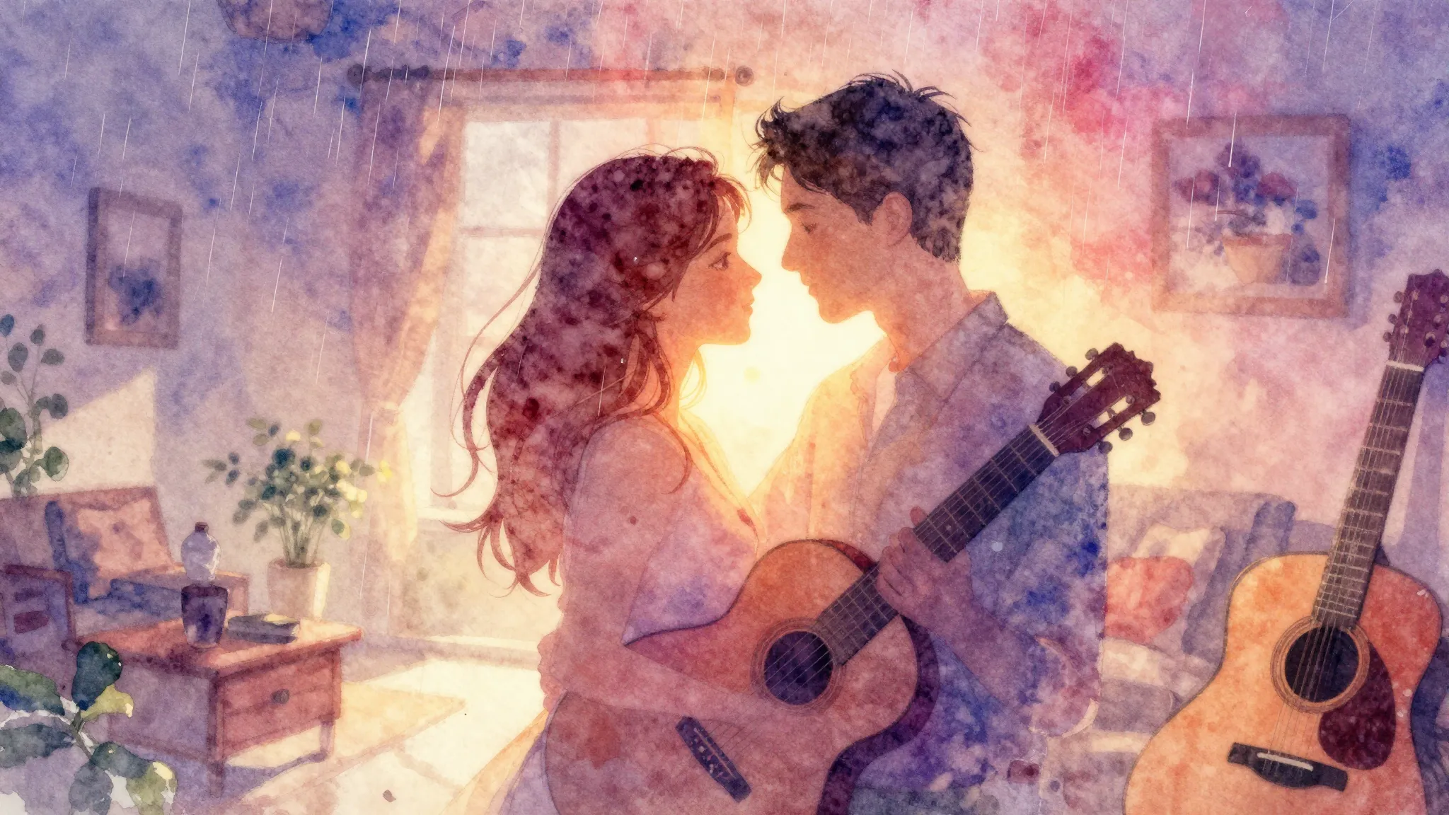 Vibrant watercolor style. Romantic ballad album cover. Two i...