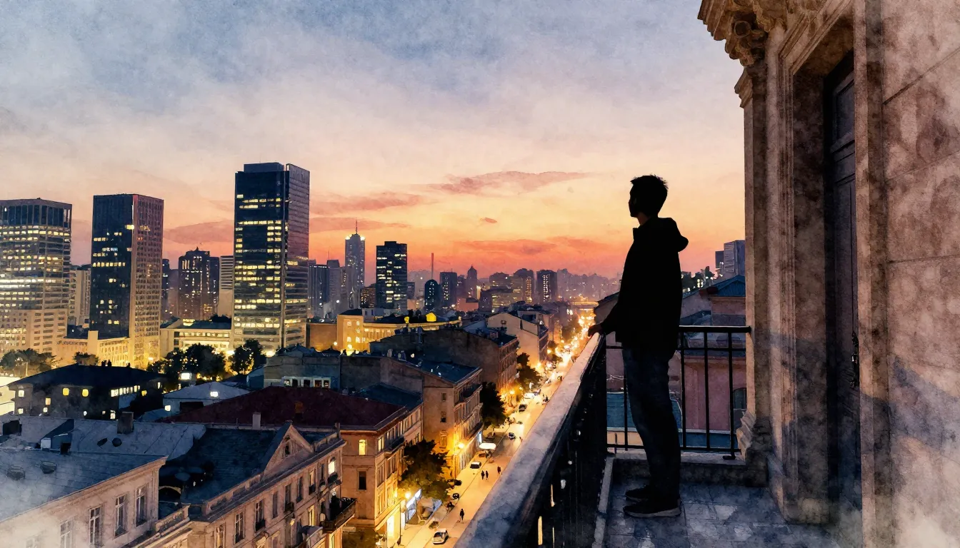 Watercolor style. A silhouette of a person standing on a bal...