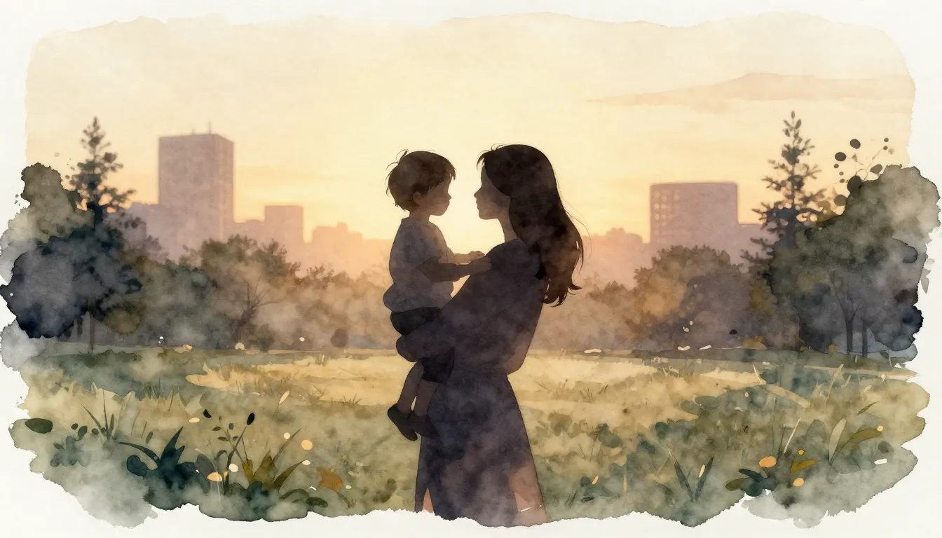 Watercolor style. A silhouette of a mother holding a small c...