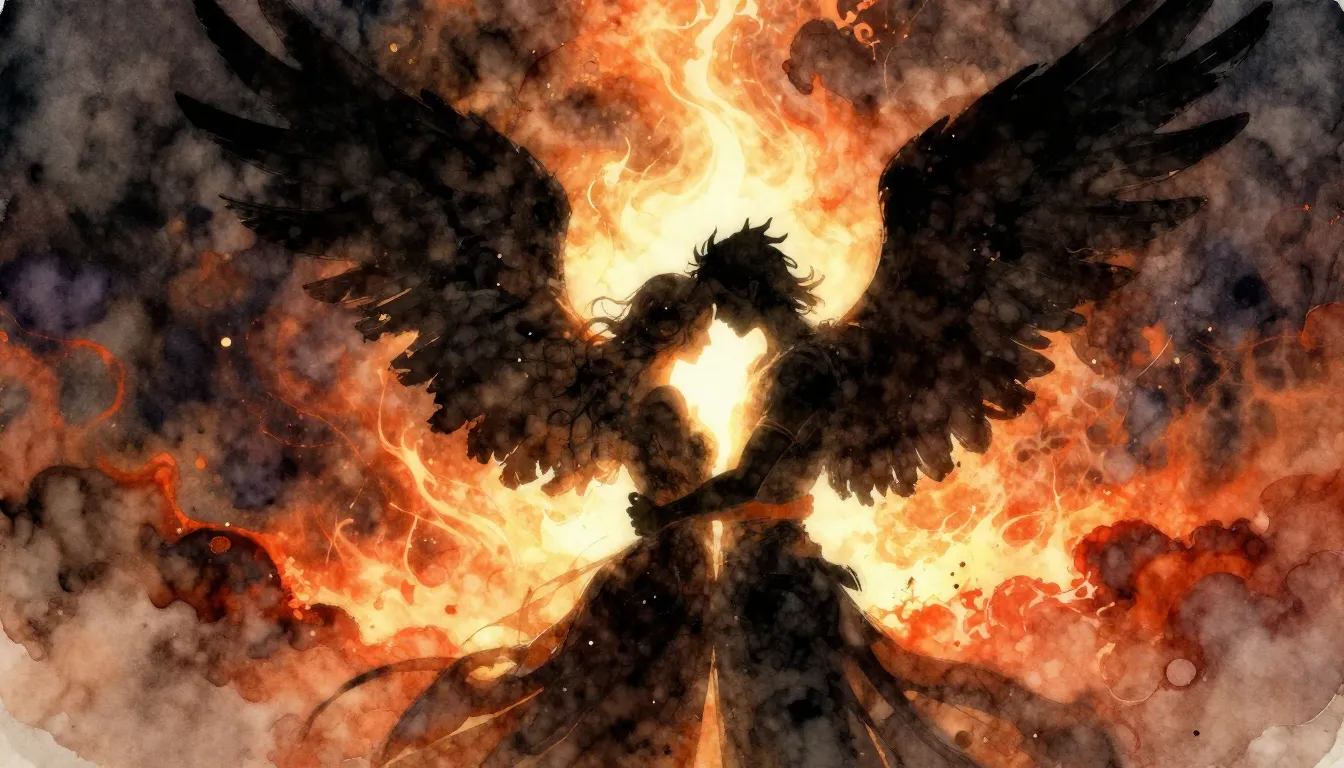 Watercolor style. Silhouette of a dark winged figure embraci...