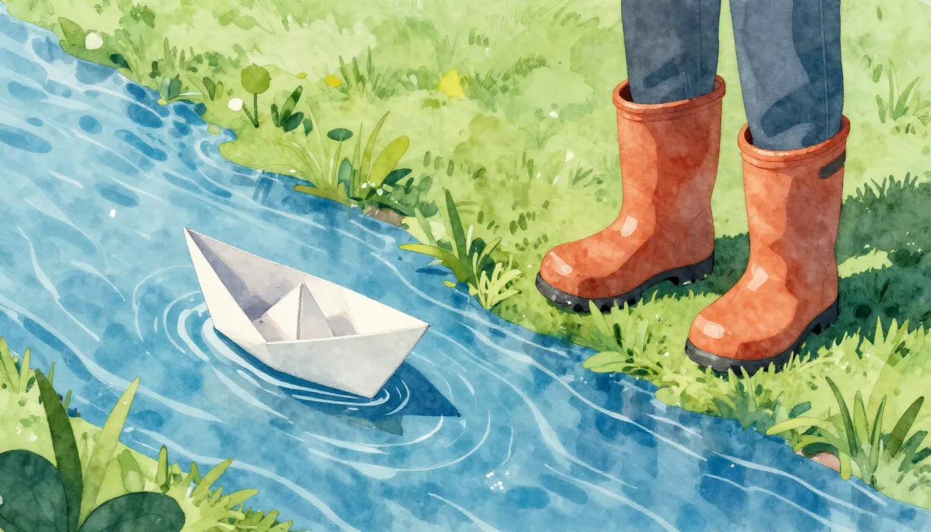 Watercolor style. A bright blue stream with a small paper bo...