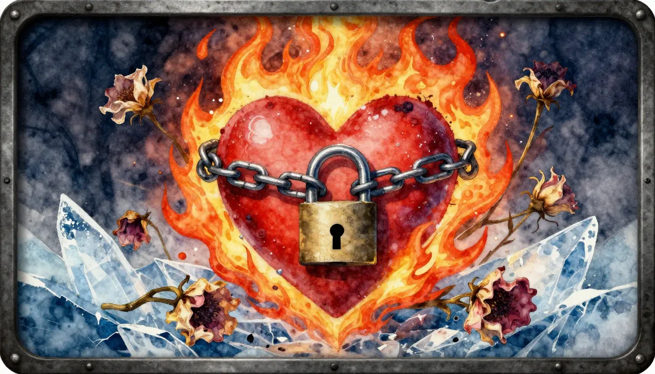 Vibrant watercolor style. Dark metal album cover: a heart lo...