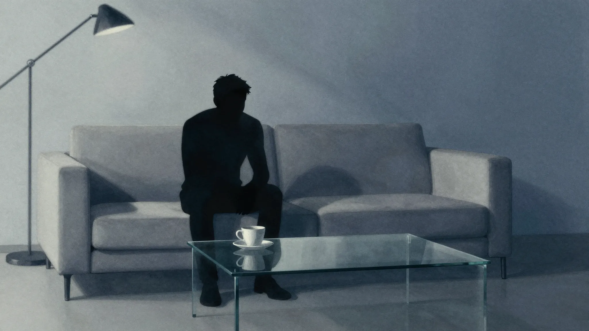 Watercolor style. A lonely silhouette sitting on a minimalis...