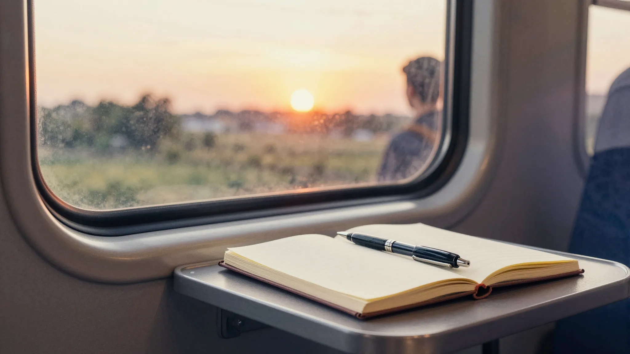 Watercolor style. A view from a train window at sunset, blur...