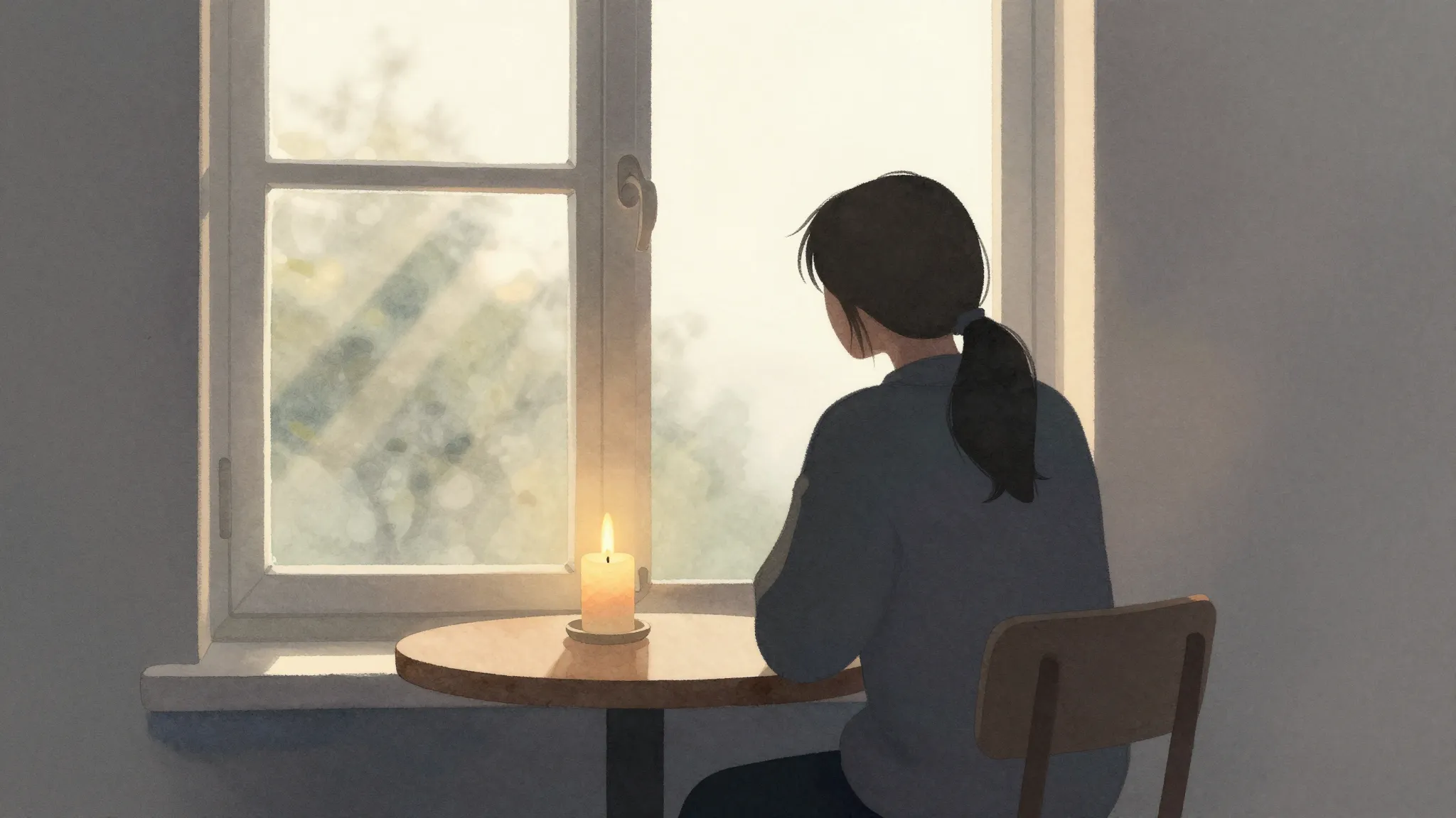 Watercolor style. A silhouette of a person sitting by a wind...