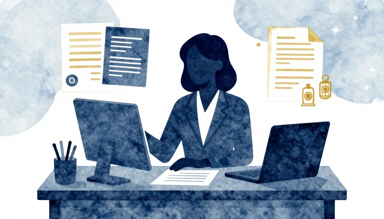 Watercolor style. Silhouette of a professional woman at a de...