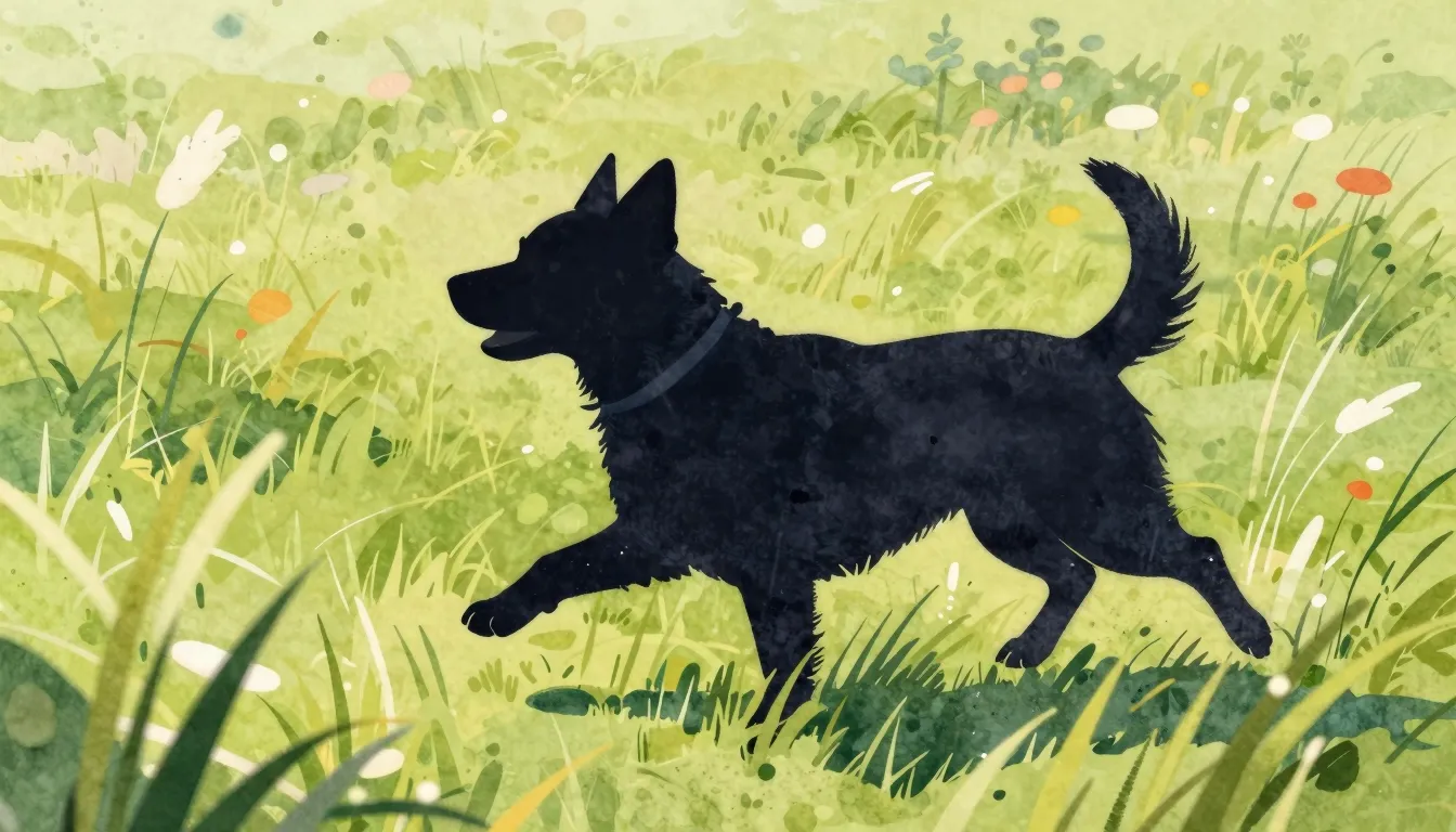 Watercolor style. Stylized silhouette of a playful dog runni...