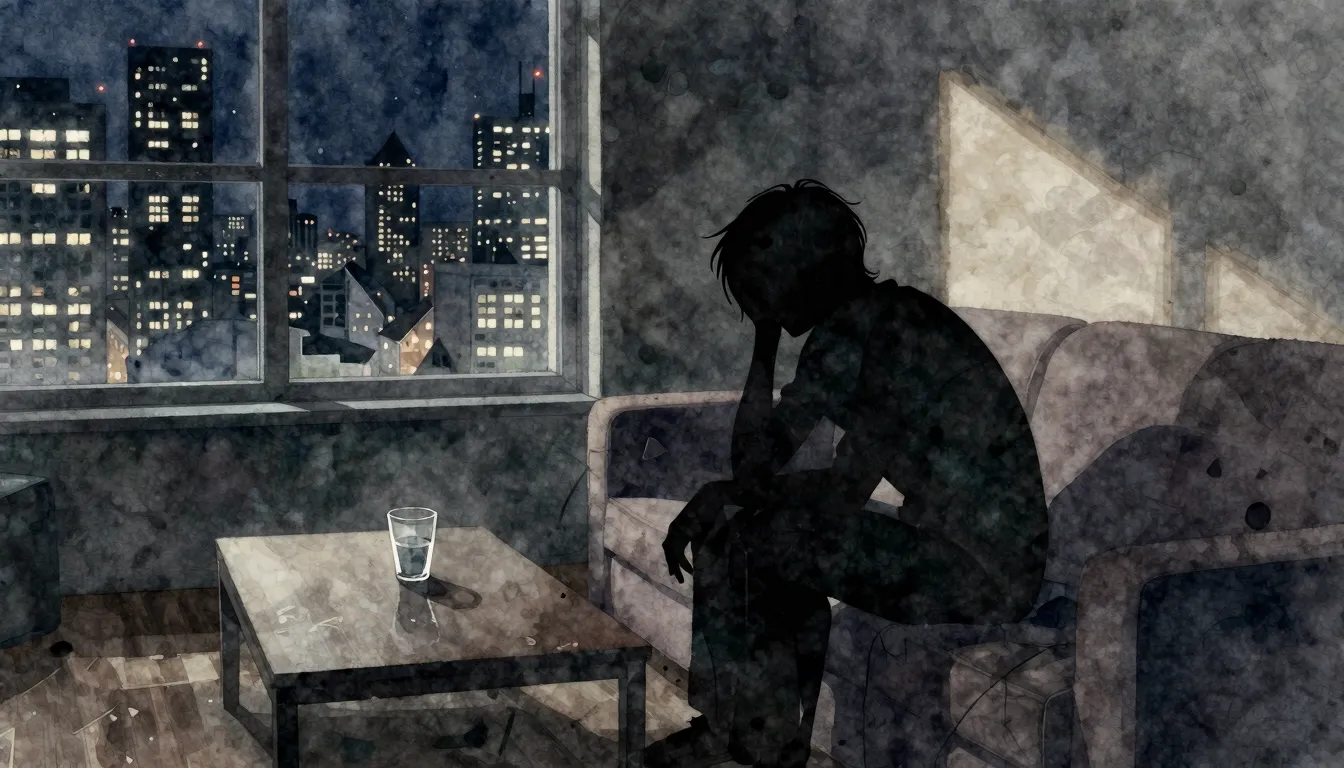 Watercolor style. A silhouette of a person sitting alone on ...