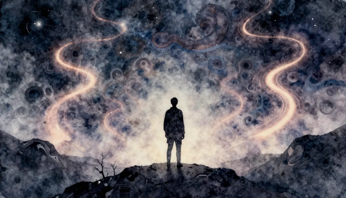 Watercolor style. A dark silhouette standing at the edge of ...