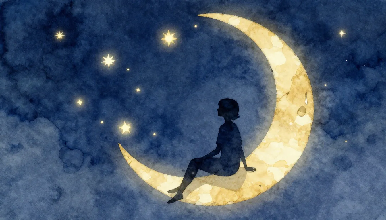 Watercolor style. A silhouette of a person sitting on a cres...