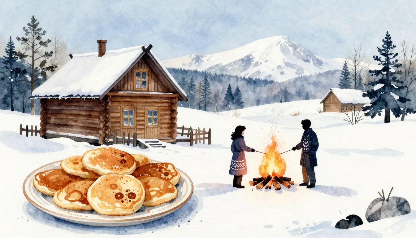 Watercolor style. Northern Russian winter landscape, wooden ...