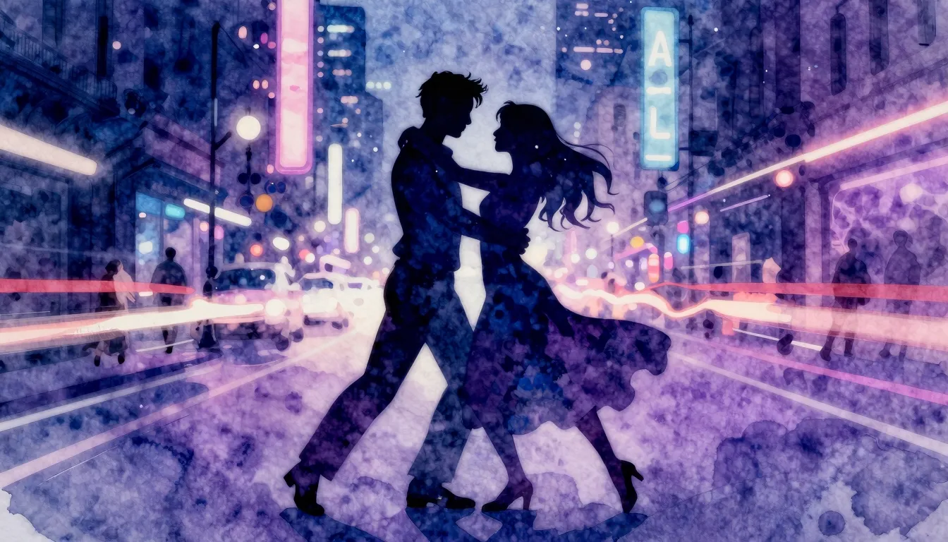 Watercolor style. Silhouette of a couple dancing in a neon-l...