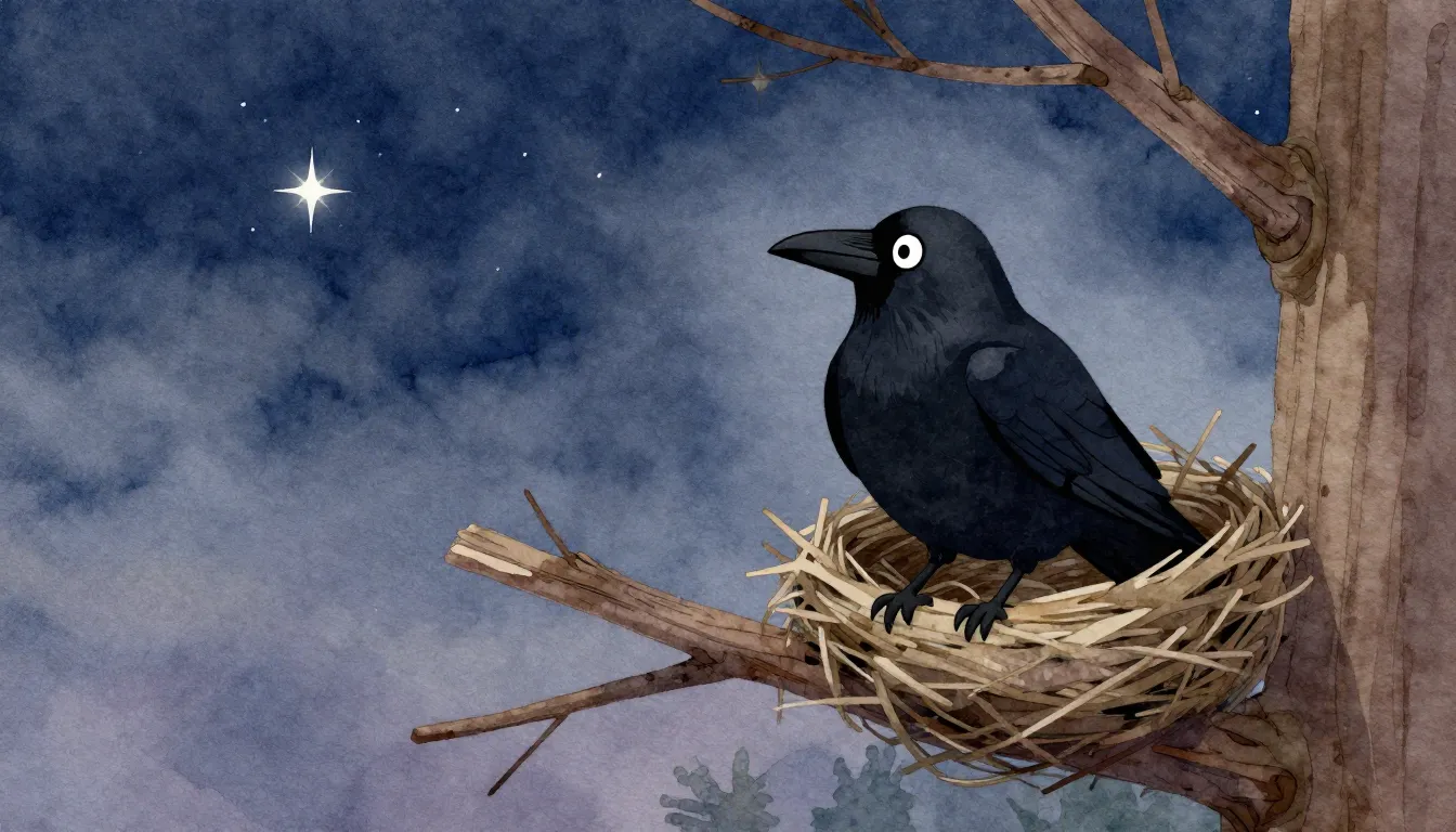 Watercolor style. A friendly black raven sitting on a branch...