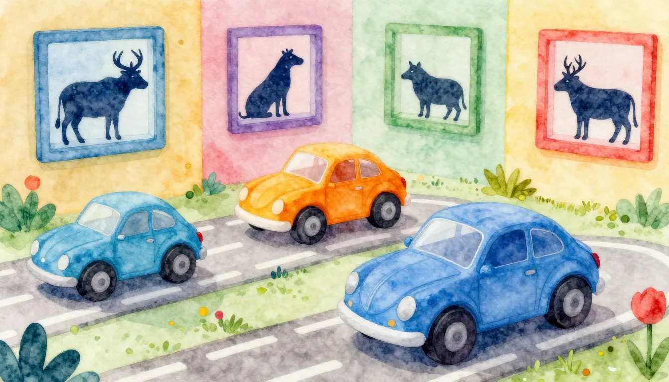 Watercolor style. Colorful toy cars driving on a bright styl...