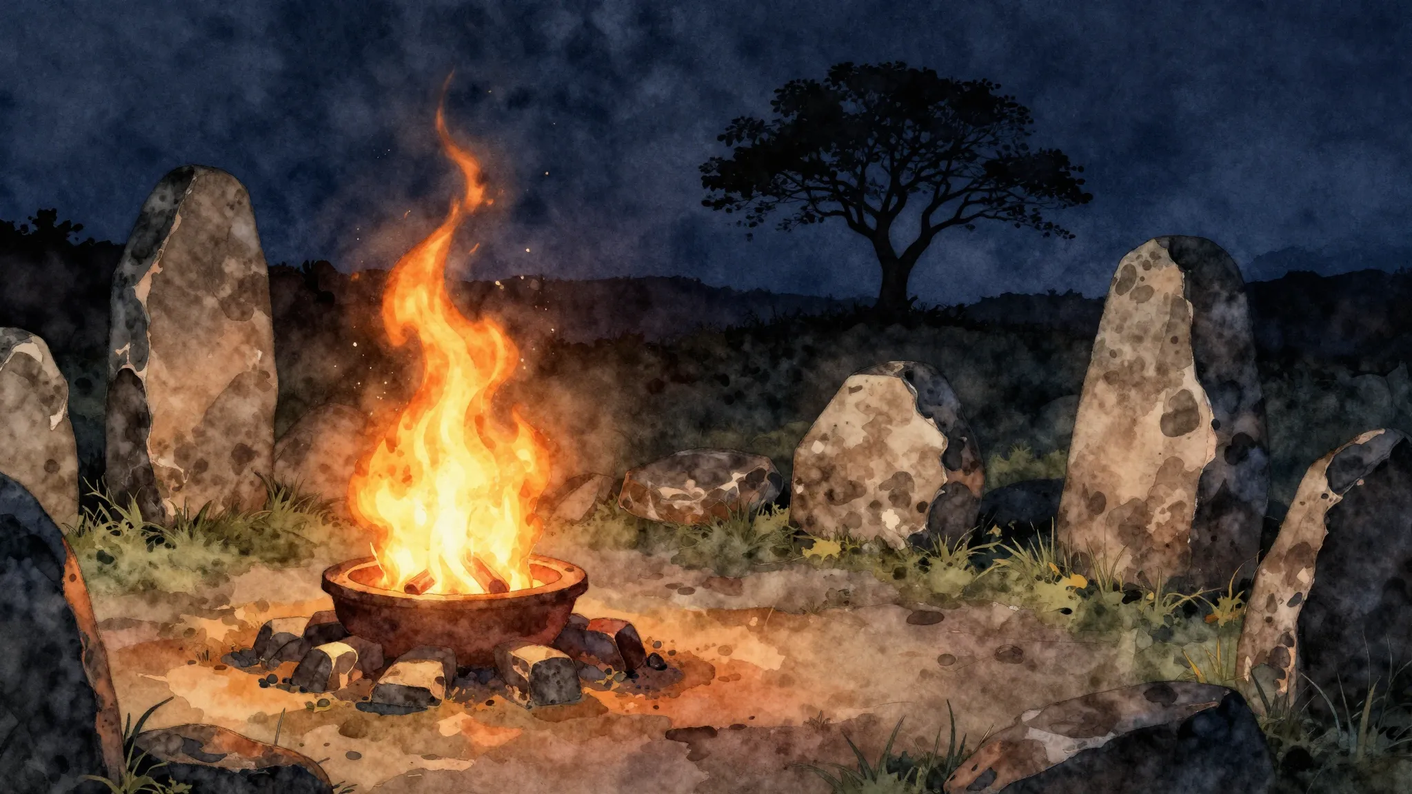 Watercolor style. A glowing eternal flame in the dark night,...