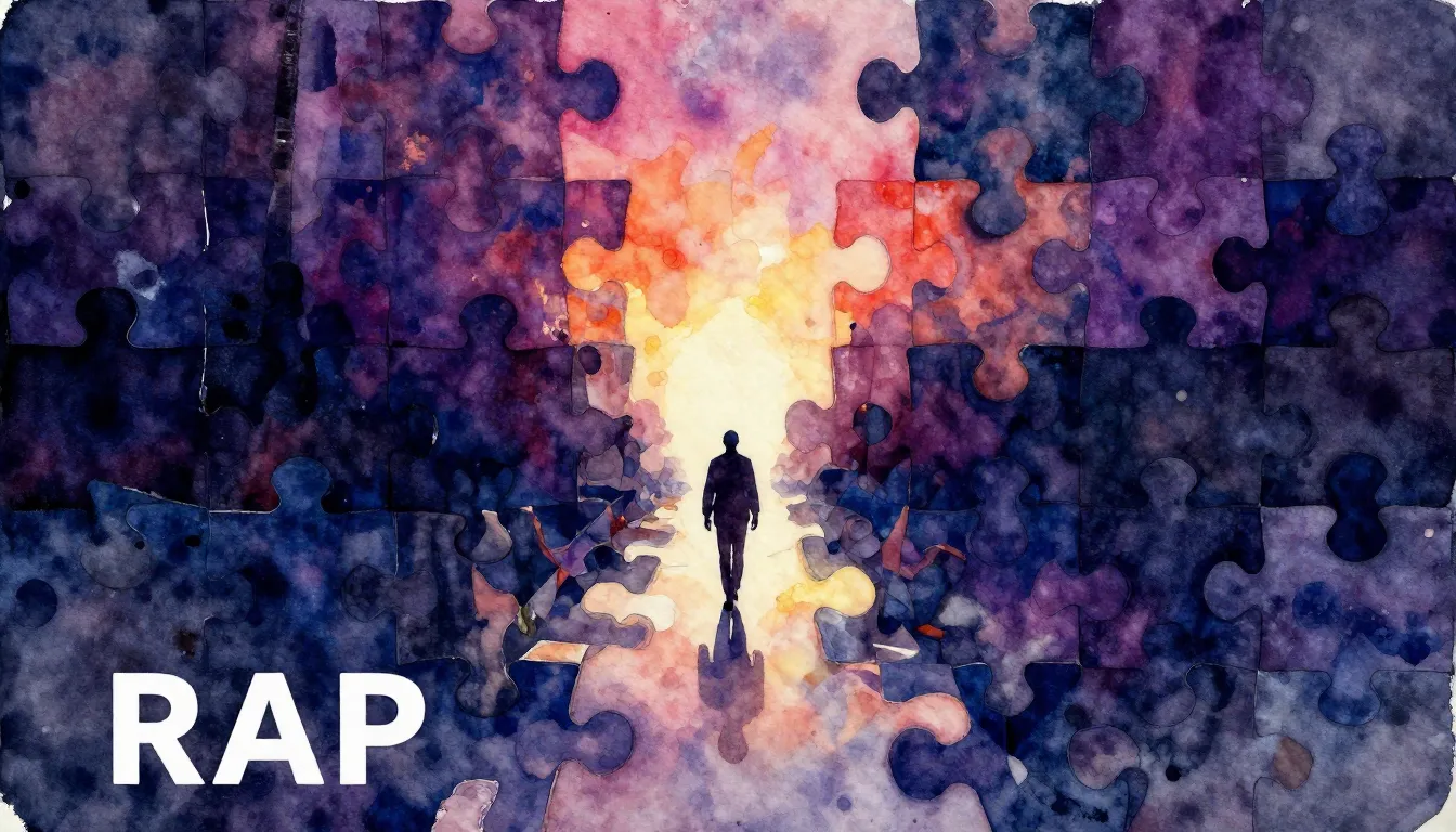 Vibrant watercolor style. Rap album cover: abstract, dark, f...