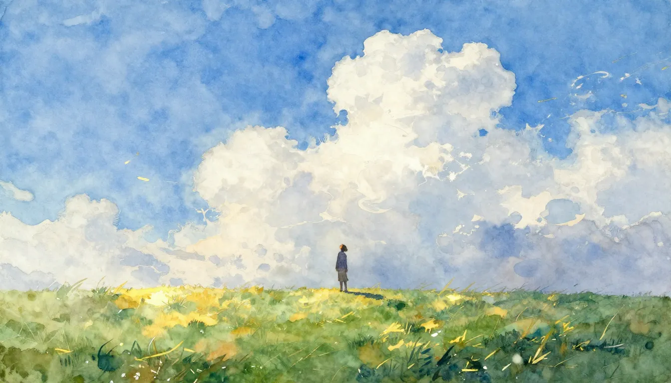 Watercolor style. A vast, clear blue sky with soft white clo...