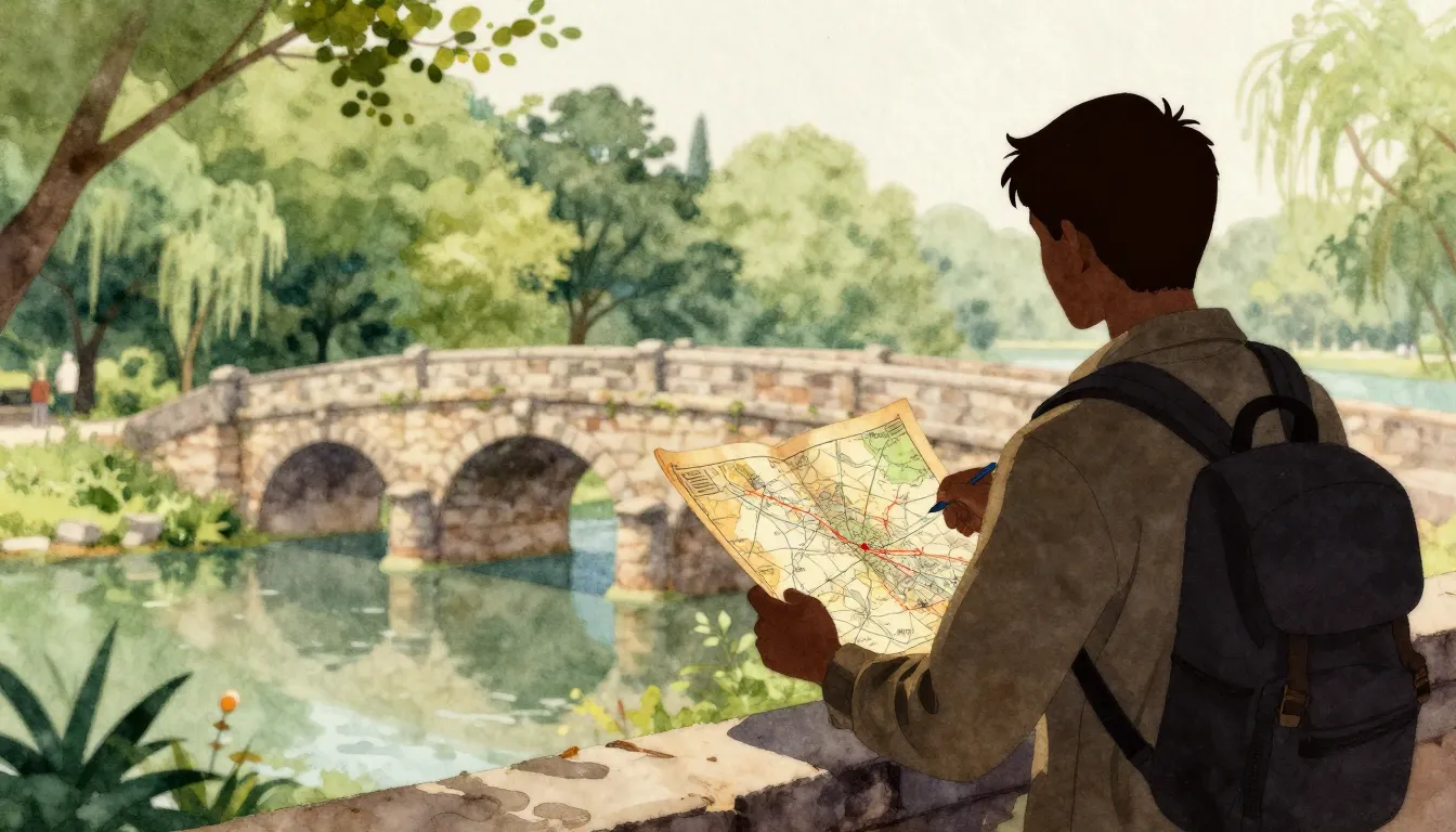 Watercolor style. A silhouette of a traveler looking at a vi...